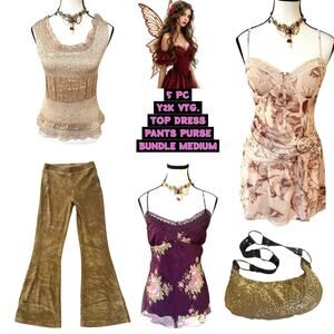 90'S Y2K‎ VTG. 5 PC. PANTS DRESS TOPS PURSE BUNDLE MEDIUM COTTAGE RETRO